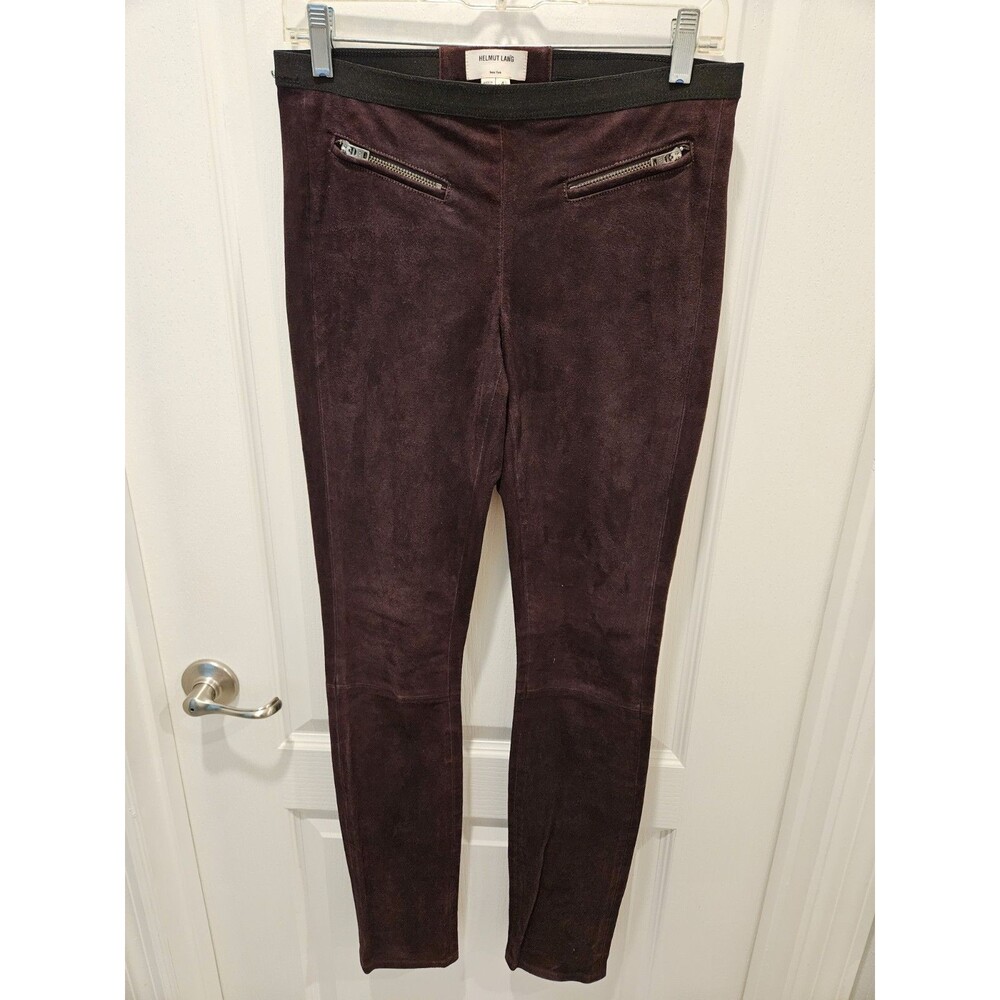 Helmut Lang Lamb Leather Skinny Pants Leggings Plum Burgundy Zip Pocket Womens 4